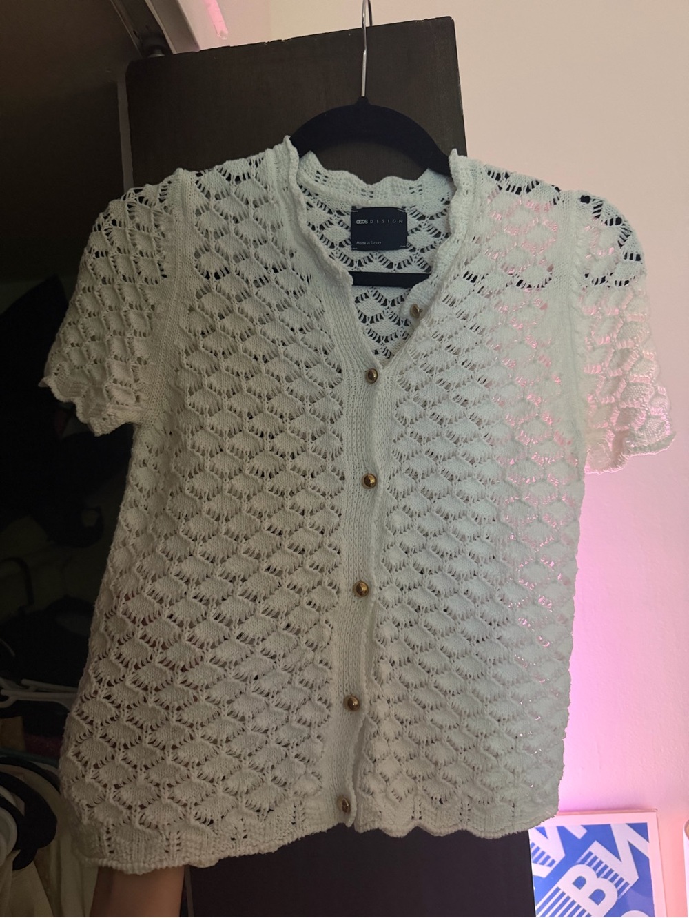 ASOS Light Mint Crochet Button-Front Short Sleeve Cardigan